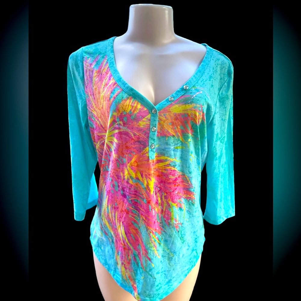 Leoma Lovegrove Palm Tree Tunic Top Medium Tropical Wearable Art Lace Sleeve